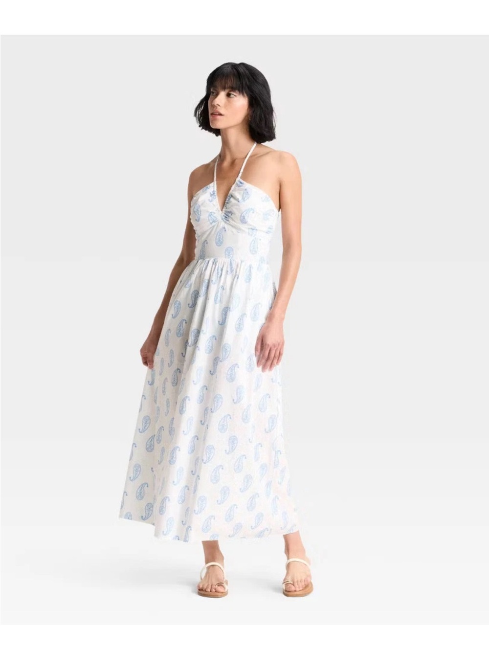 White and Light Blue Paisley Halter Maxi Dress Universal Thread Size XS